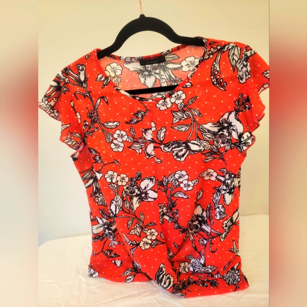 Sheer Red Mandee Top w/ White Flower Prink and Polka Dots